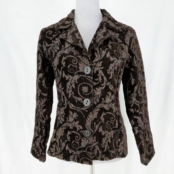 Habitat Jacket Womens Medium Black Brocade Buttons Pockets Fitted Unlined Blazer - Picture 1 of 16